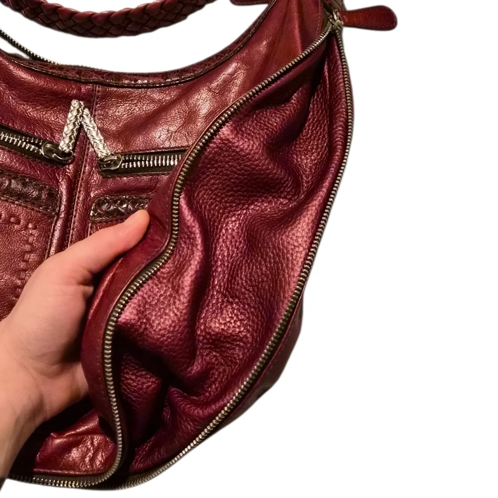 Brighton Leather Hobo Bag | Braided Strap | Deep Red | Organizer Pockets